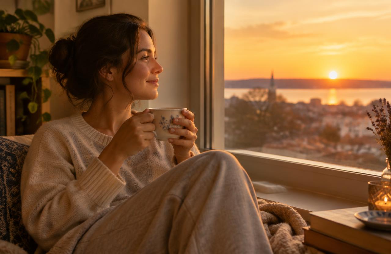 Woman relaxing at sunset with a cup of tea