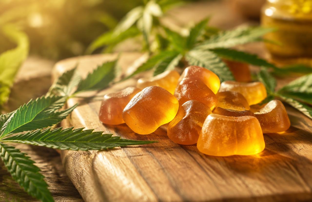 Golden Touch Fusion CBD gummies with hemp leaves